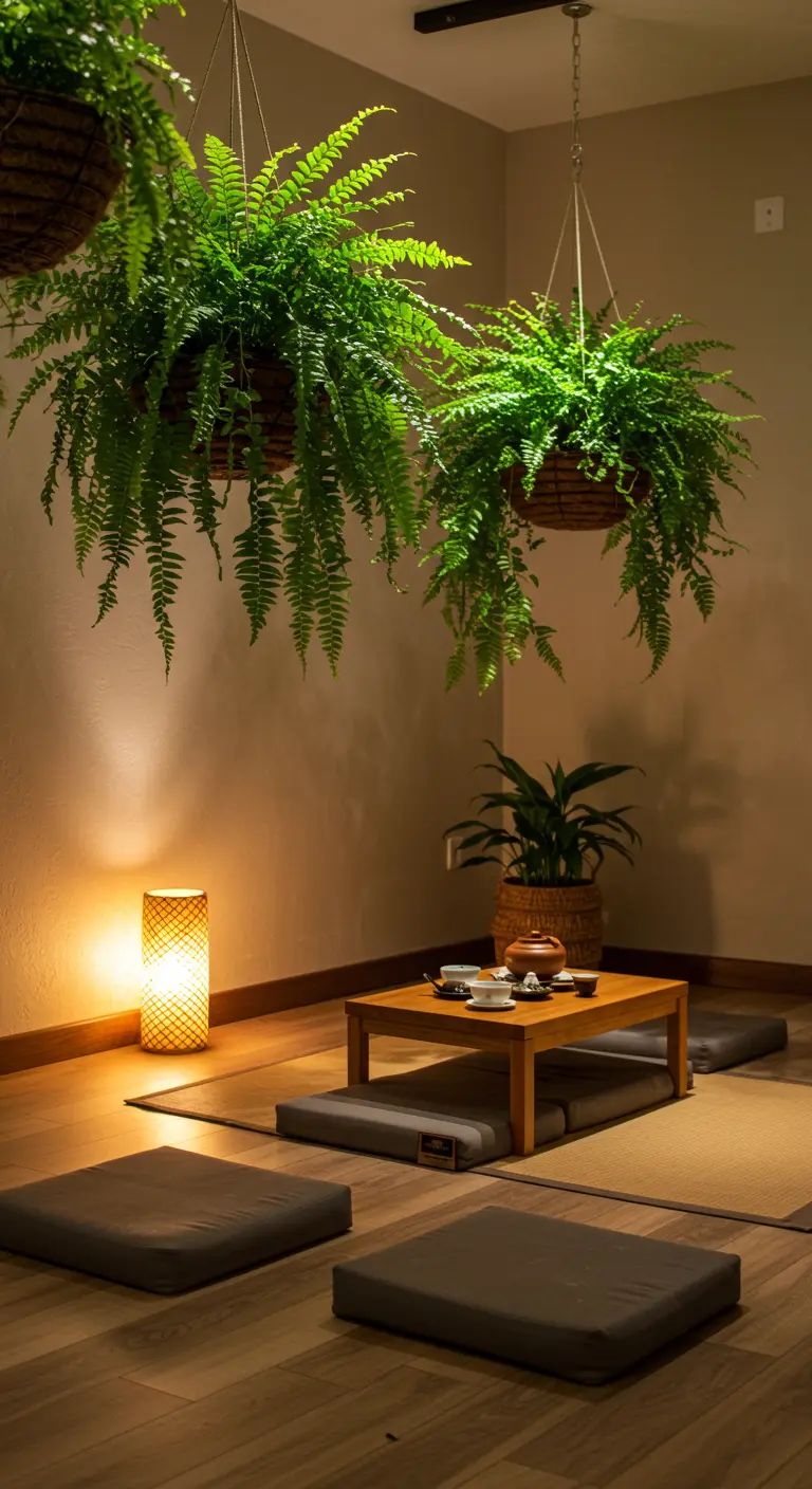 Grandes fougères suspendues dans des paniers au-dessus d'une table basse et de coussins au sol, ambiance japonaise.