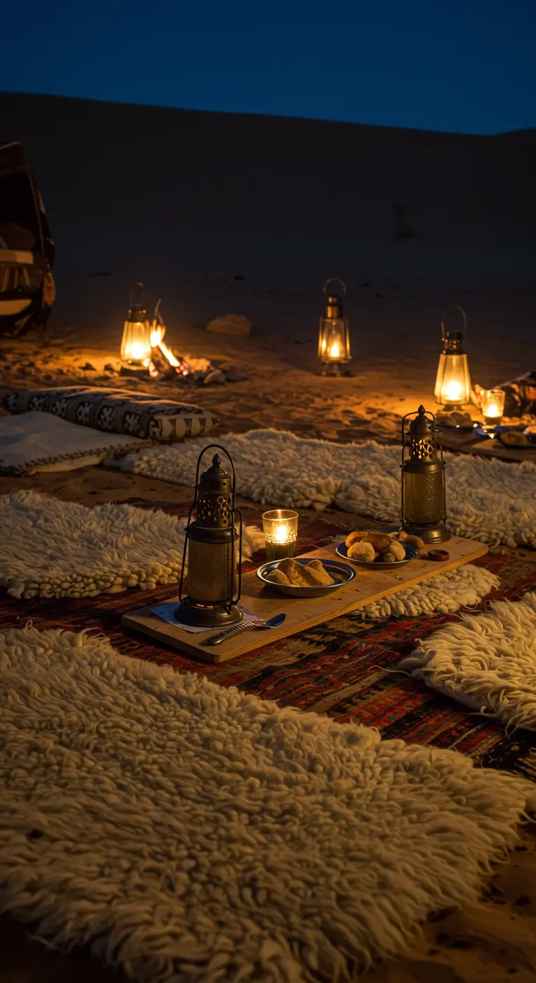 Scène de dîner nomade dans le désert avec tapis, peaux de mouton, lanternes et table basse.