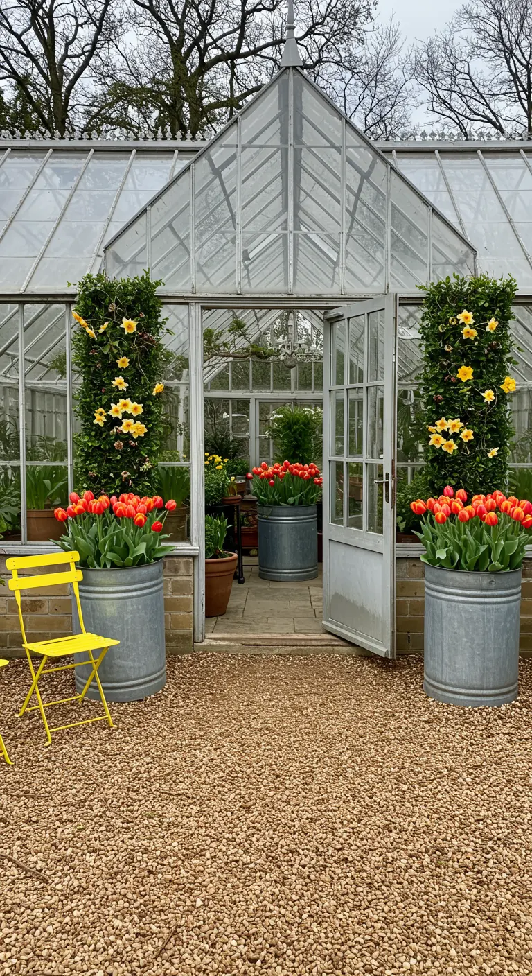 Entrée d'une serre en verre encadrée par de grands bacs en zinc remplis de tulipes rouges.
