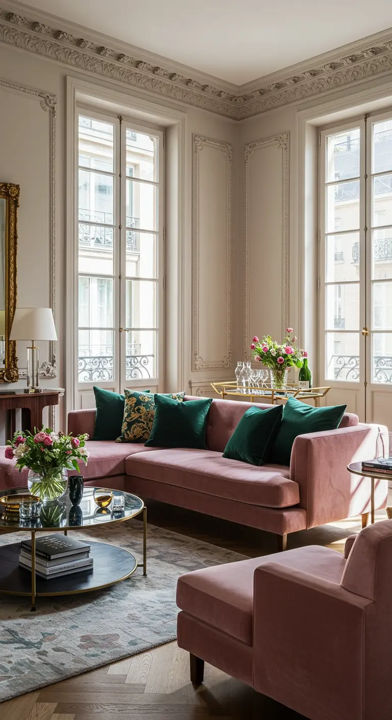 Canapé d'angle rose poudré avec des coussins en velours vert émeraude dans un salon haussmannien.