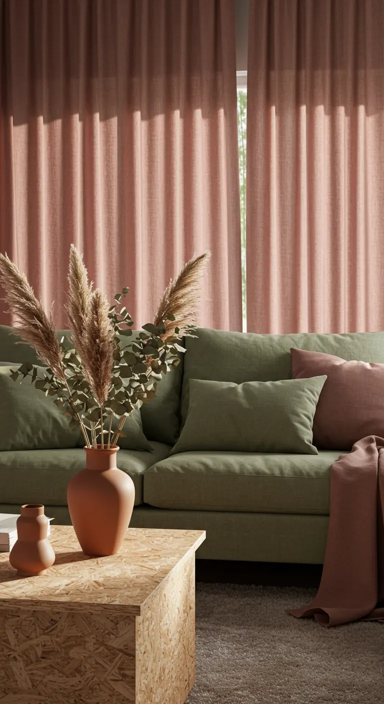 Canapé vert olive avec des rideaux rose poudré et un vase en terre cuite.