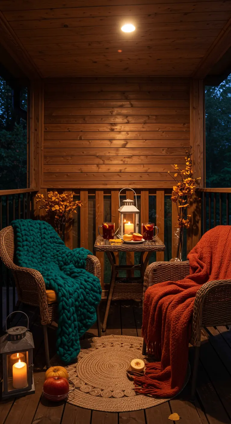 Deux fauteuils en osier avec des plaids colorés sur un porche en bois.