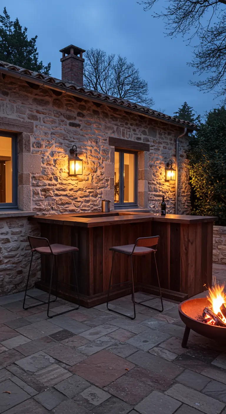 Bar en bois sombre adossé à une maison en pierre, avec un brasero allumé.