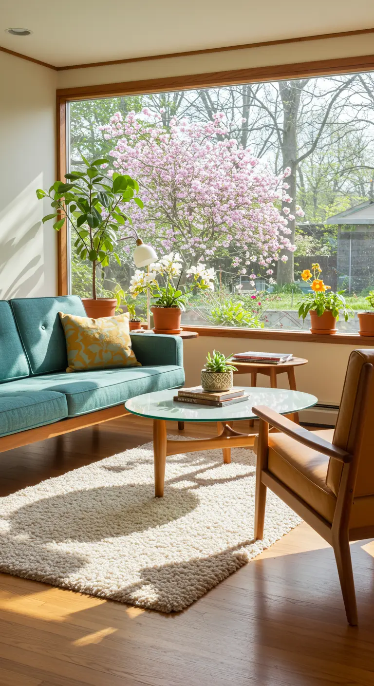 Salon mid-century avec canapé turquoise et grande fenêtre sur un arbre en fleurs.