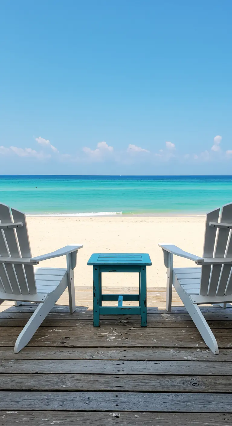Deux chaises Adirondack blanches et une petite table bleue sur une terrasse en bois face à la mer.