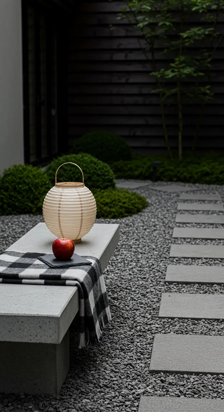 Banc en béton minimaliste avec un plaid, une pomme et une lanterne japonaise dans un jardin de gravier.