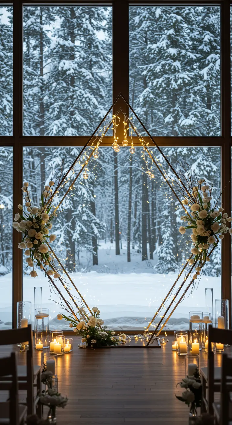 Arche de mariage en losange avec des guirlandes lumineuses devant une forêt enneigée.