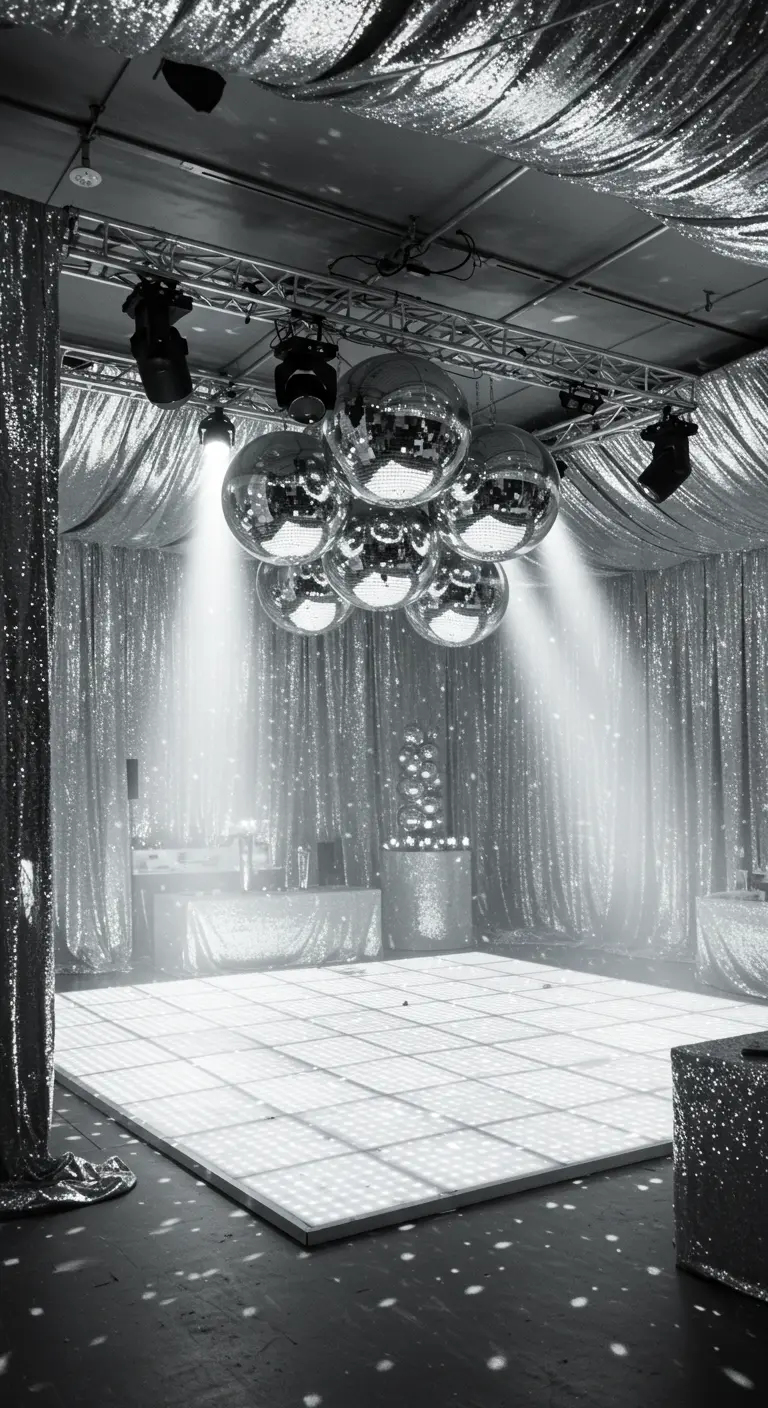 Une salle de fête en noir et blanc avec des rideaux argentés et une piste blanche.