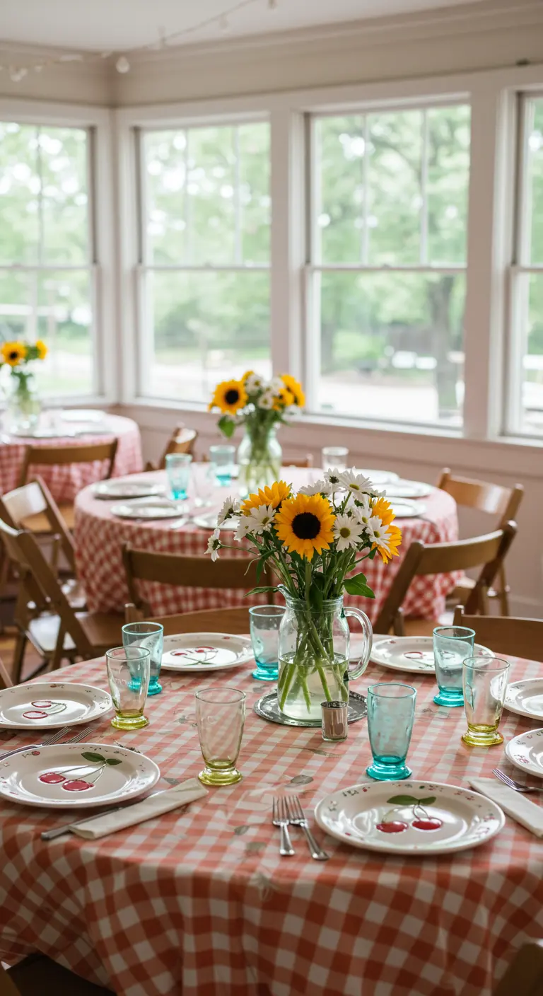 Table de mariage esprit guinguette avec nappe à carreaux vichy et bouquets de tournesols.