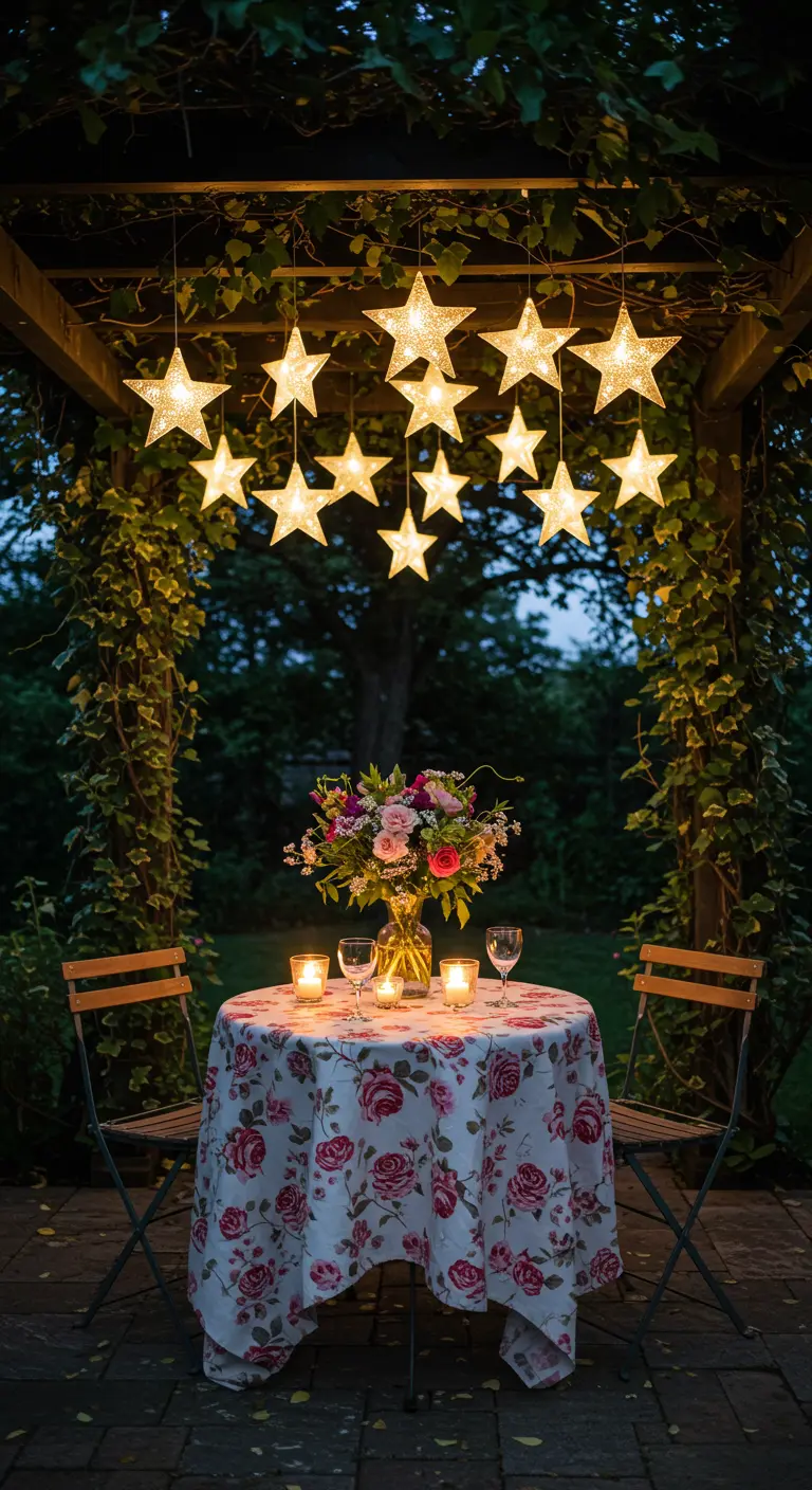 Table romantique pour deux sous une pergola décorée de lumières en forme d'étoiles.