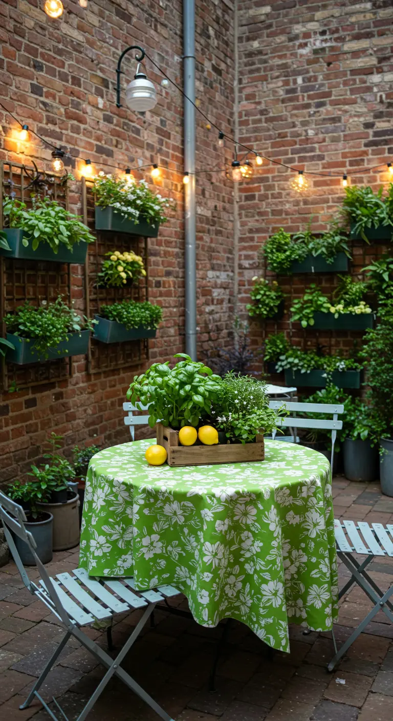 Cour pavée avec table ronde verte, mur végétal d'herbes aromatiques et guirlandes lumineuses.