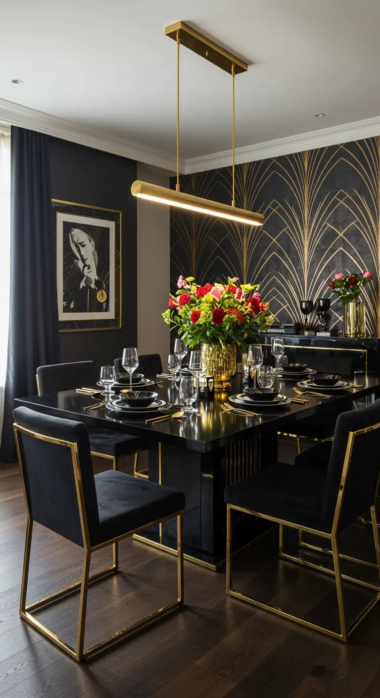 Salle à manger Art Déco avec papier peint noir et or, table noire et chaises en velours.