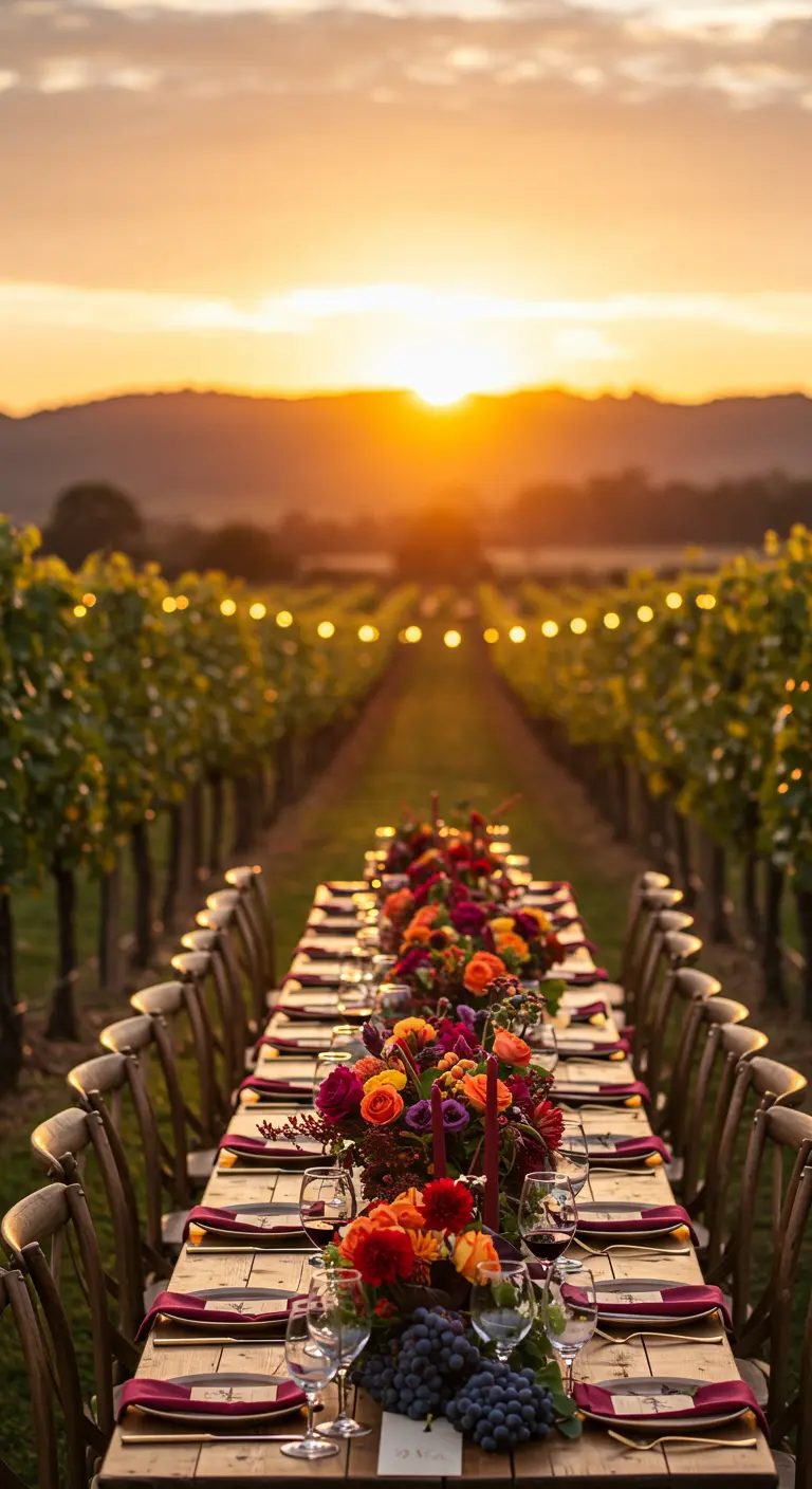 Longue table dans un vignoble au coucher du soleil, fleurs colorées.