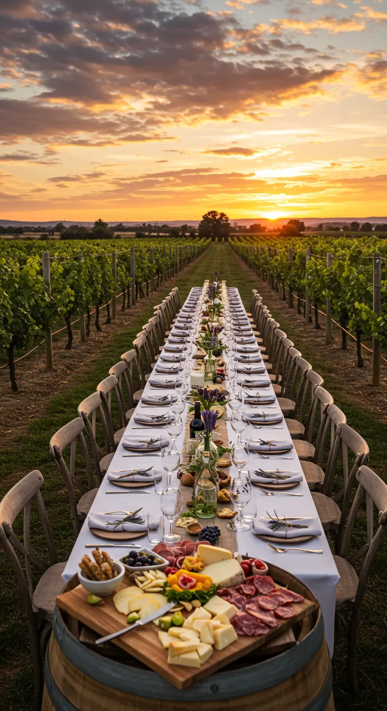 Très longue table dressée dans un vignoble au coucher du soleil, avec un tonneau au premier plan.
