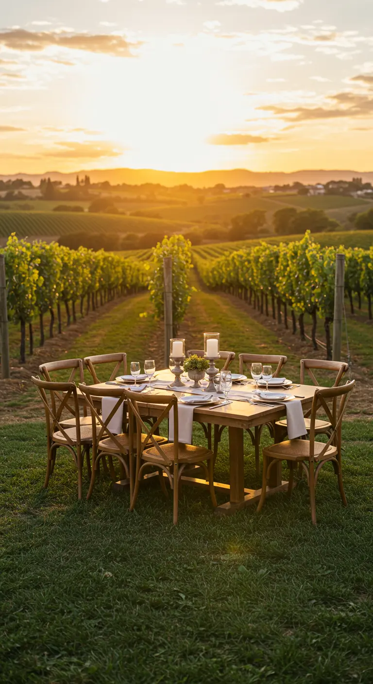 Table à manger dressée dans un vignoble au coucher du soleil.