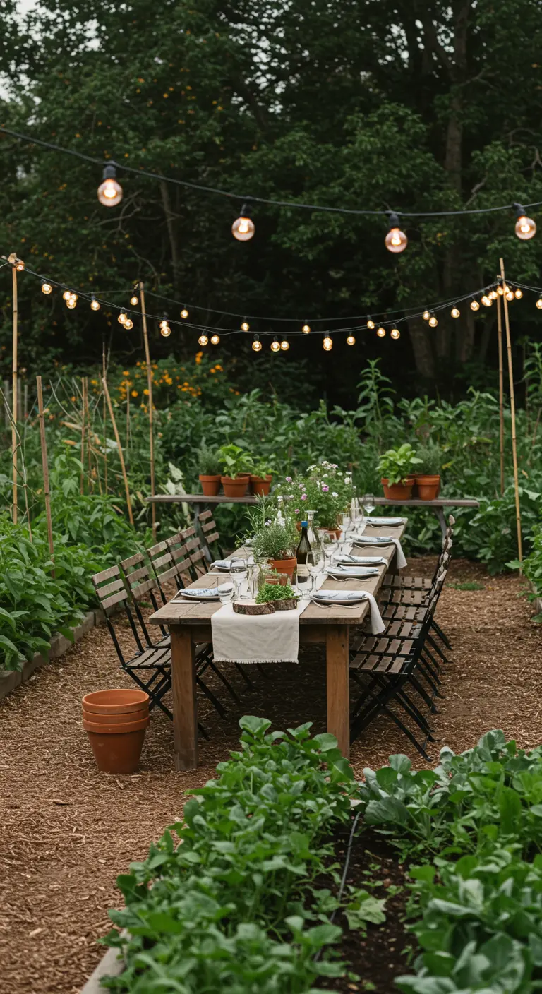Table dressée pour un dîner au milieu d'un potager, sous une guirlande lumineuse.