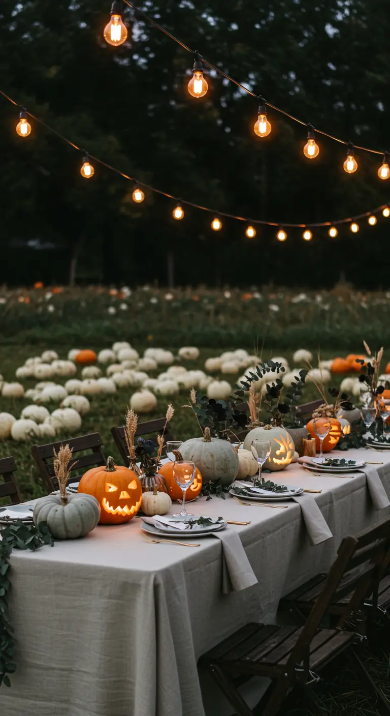 Longue table dressée dans un champ de citrouilles avec des guirlandes lumineuses.