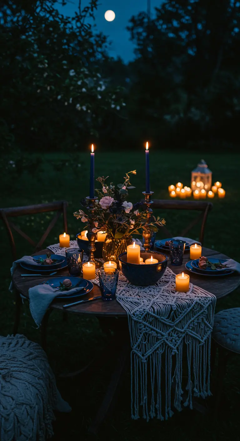 Table de jardin de nuit, éclairée par des bougies bleues et des photophores.