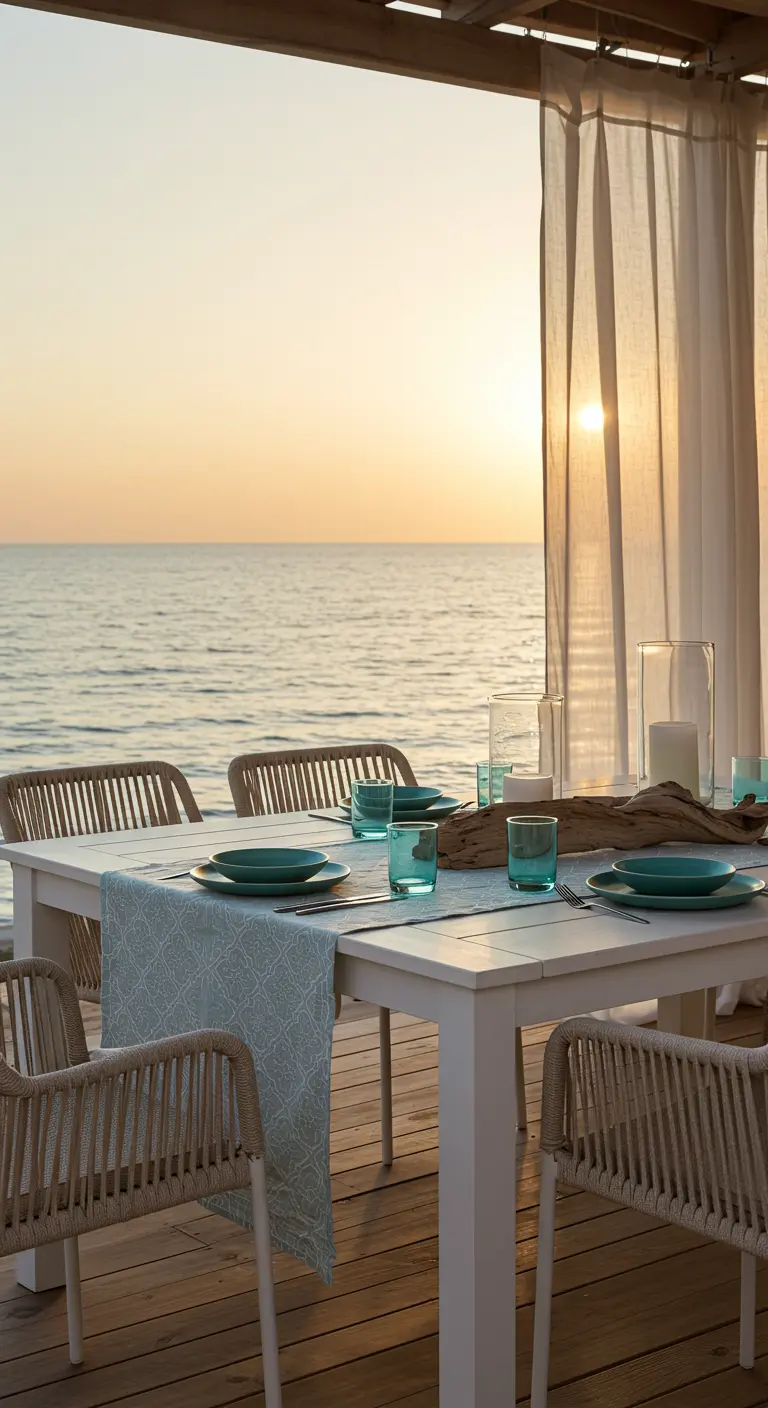 Table blanche avec chaises en corde, face à la mer au coucher du soleil, voiles flottants.