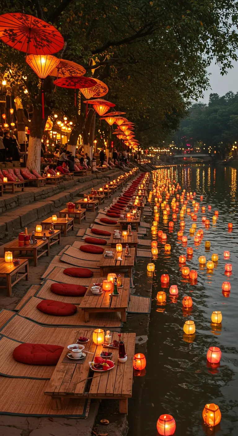 Dîner romantique le long d'une berge avec tables basses, nattes, lampions suspendus et lanternes flottantes sur l'eau.