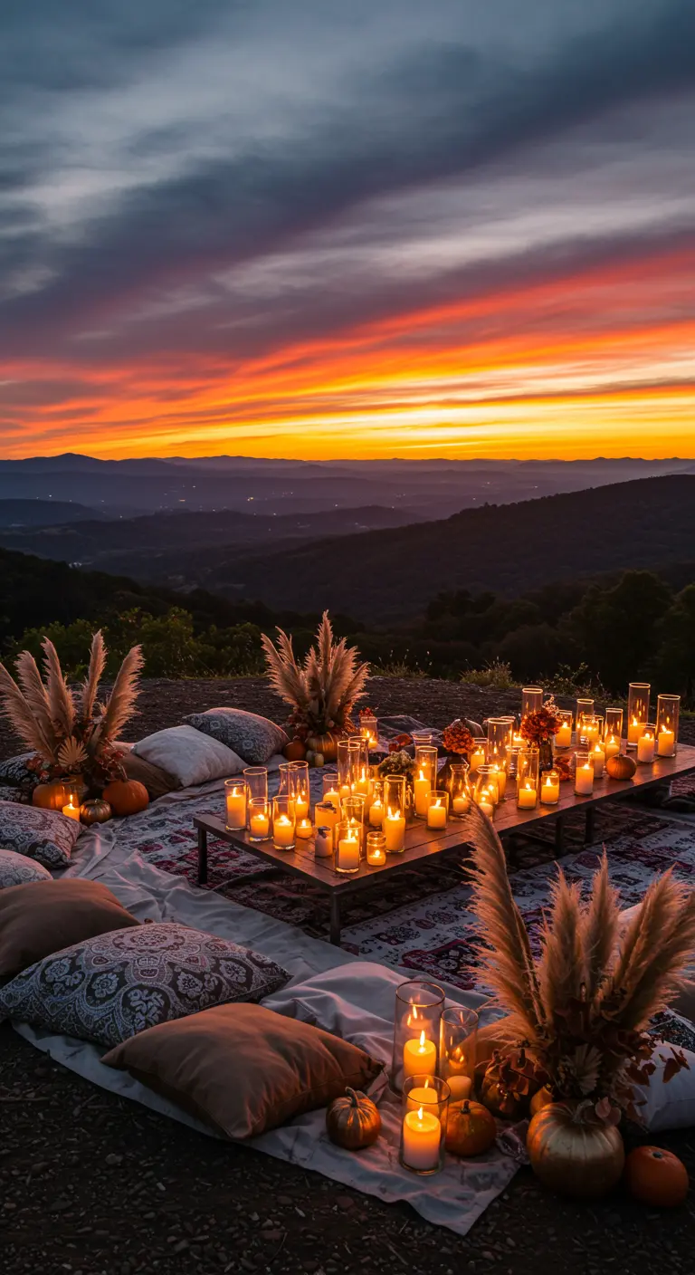 Pique-nique au sommet d'une montagne au coucher du soleil, avec une table pleine de bougies.