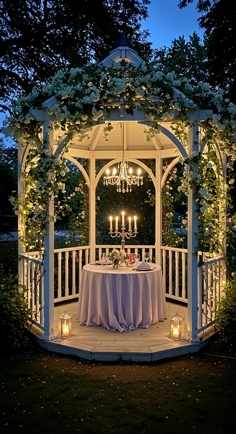 Table de dîner romantique dans un kiosque de jardin blanc illuminé la nuit.