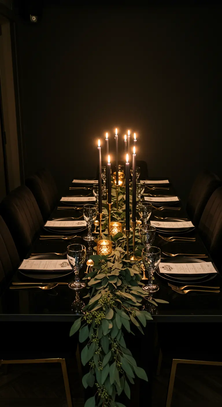 Table de dîner sombre et intime éclairée par de hautes bougies noires.