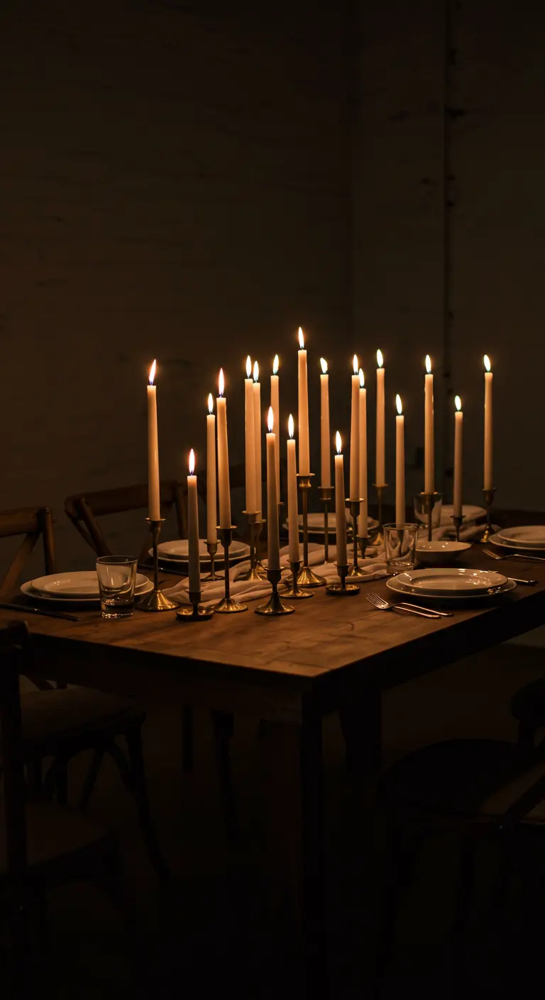 Table de dîner dans le noir, éclairée par de nombreuses bougies fines et hautes.