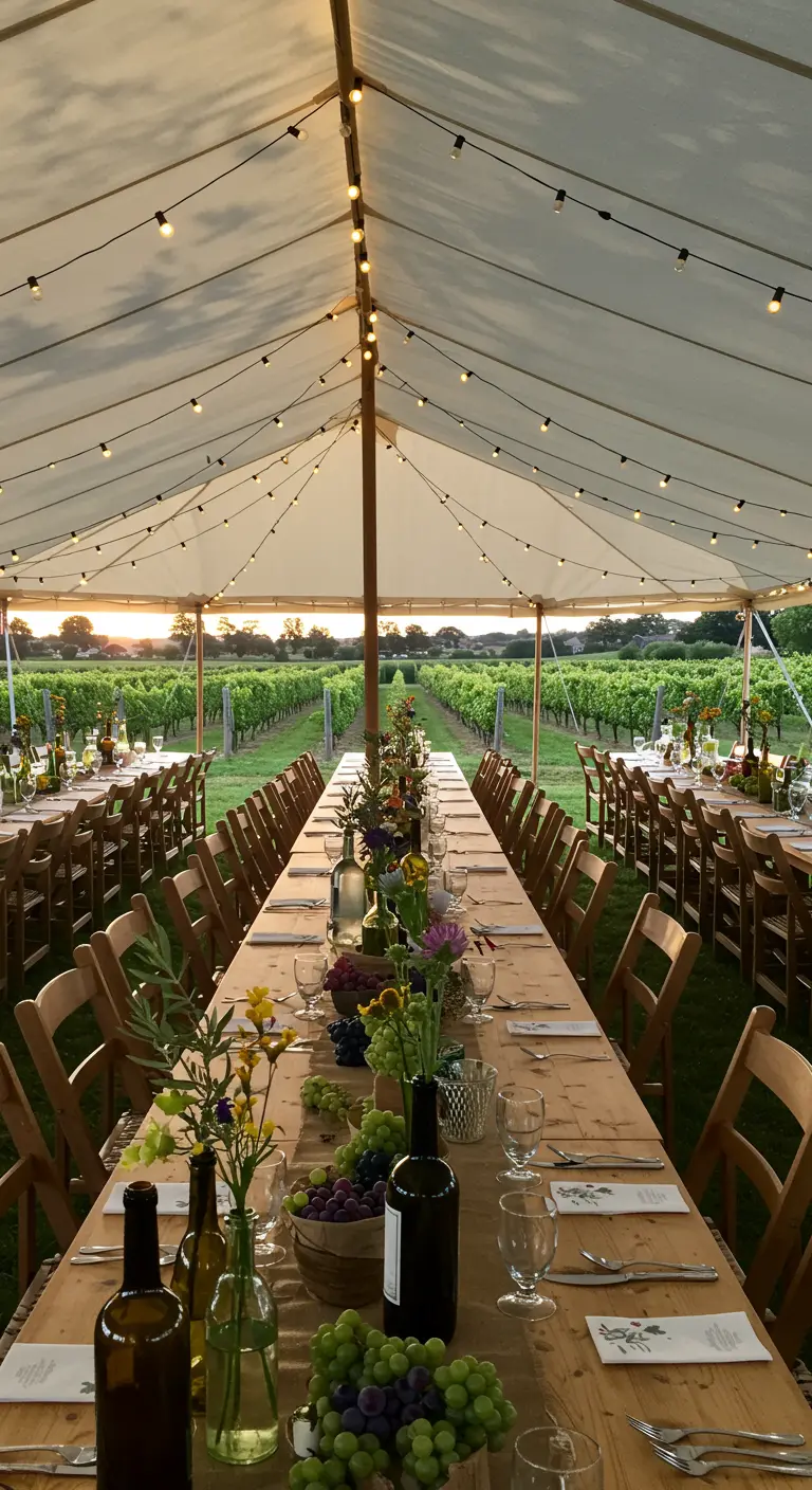 Longue table dressée dans une tente face à un champ de vignes.