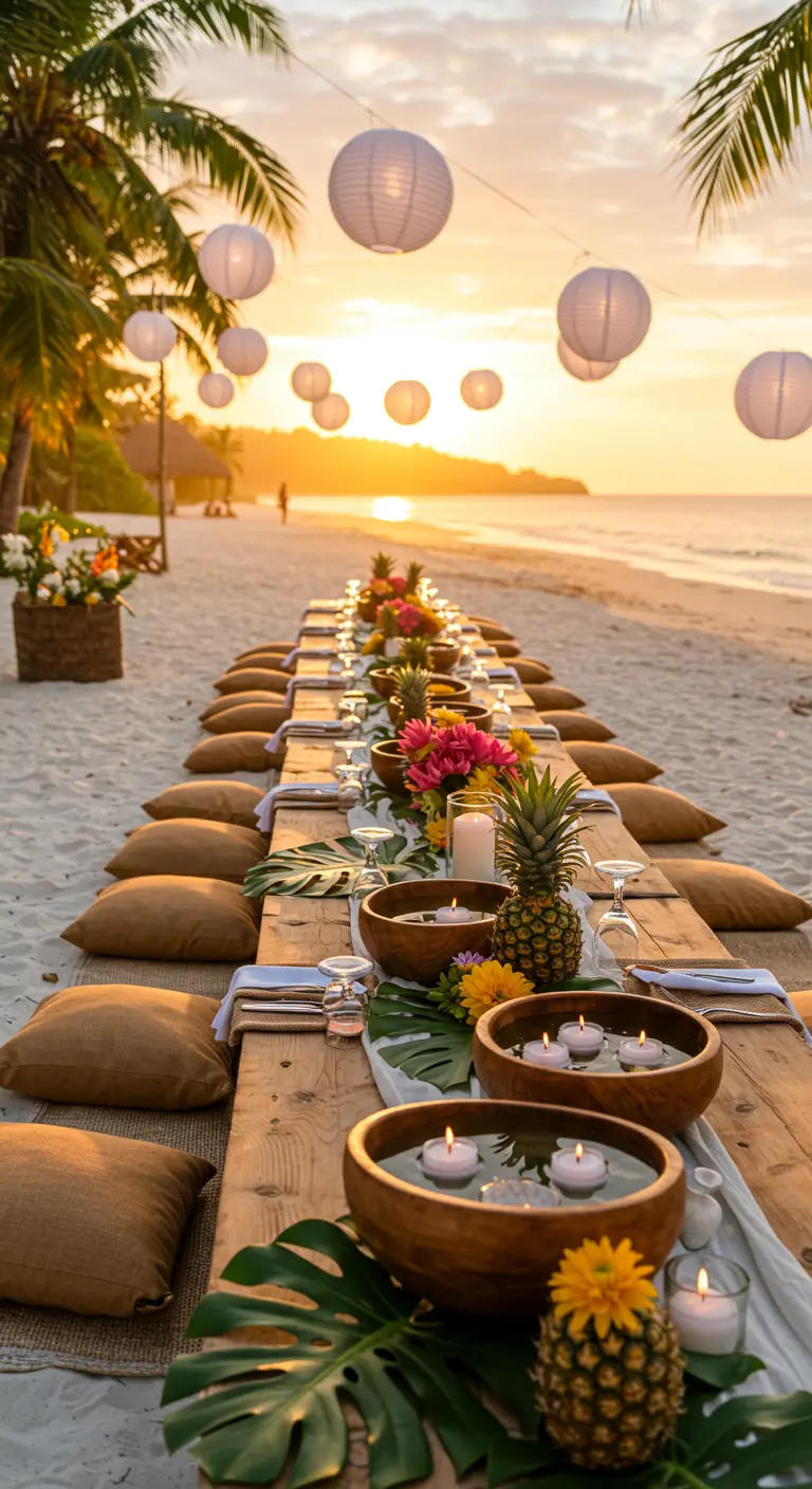 Table basse sur la plage avec coussins, ananas et bougies flottantes au coucher du soleil.
