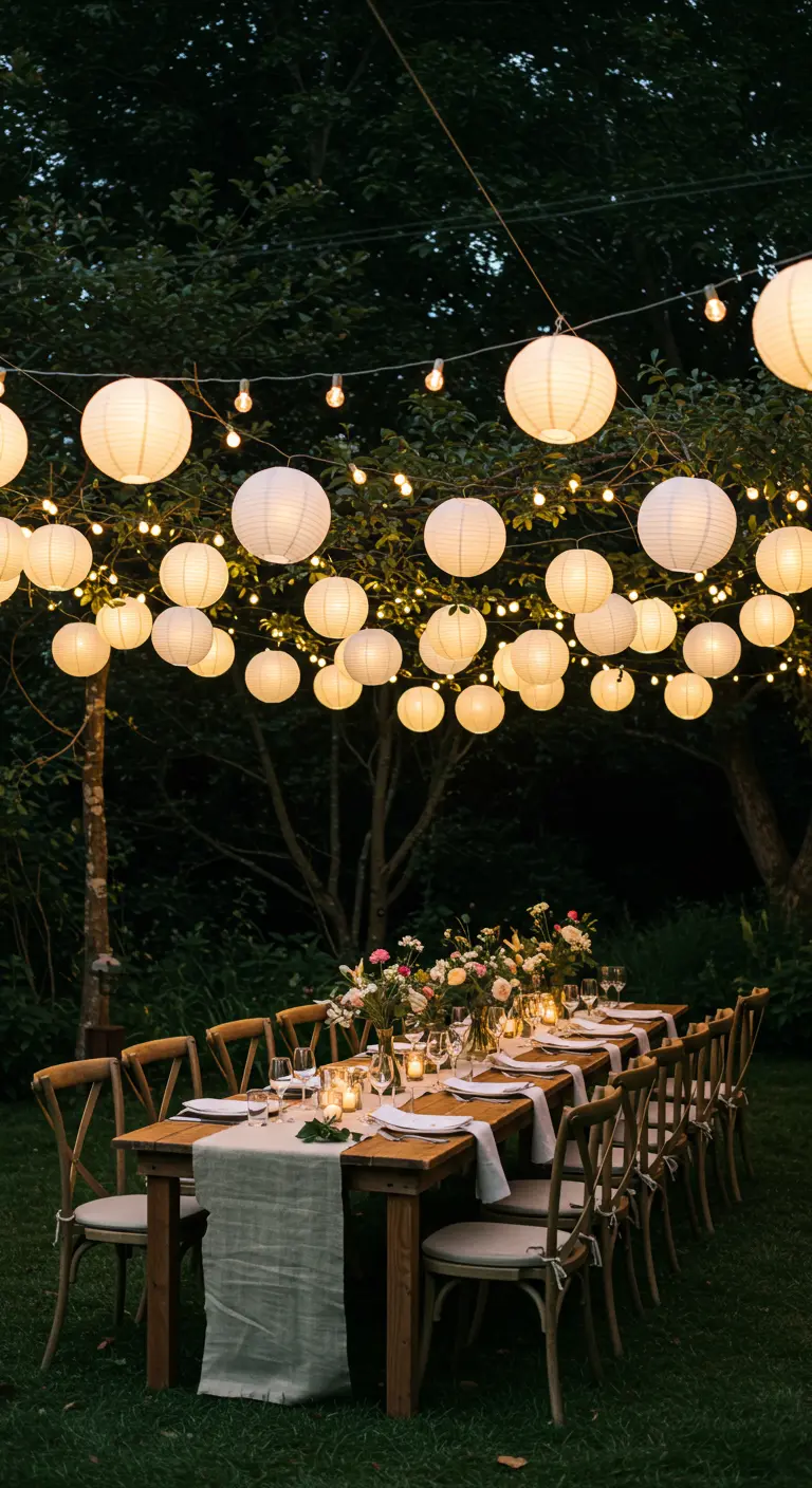 Longue table de dîner en plein air sous une guirlande de lampions blancs et de lumières.