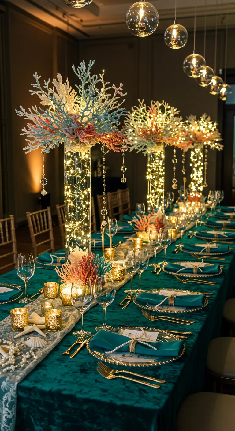 Table de soirée élégante avec des centres de table corail lumineux et une nappe turquoise.