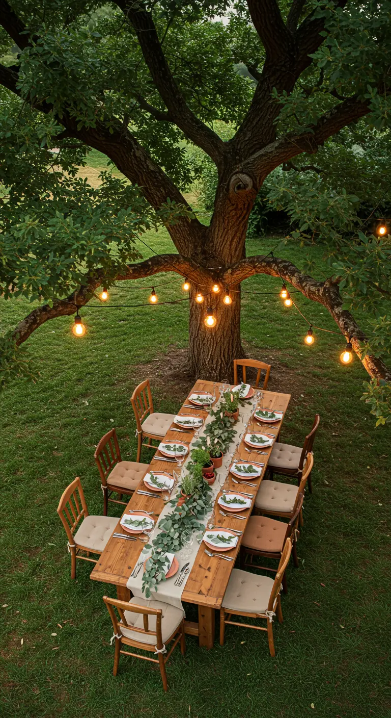 Grande table à manger dressée sous un arbre avec des guirlandes lumineuses.
