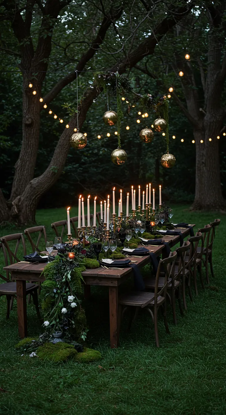 Table dressée en extérieur la nuit, décorée de mousse, bougies et guirlandes.