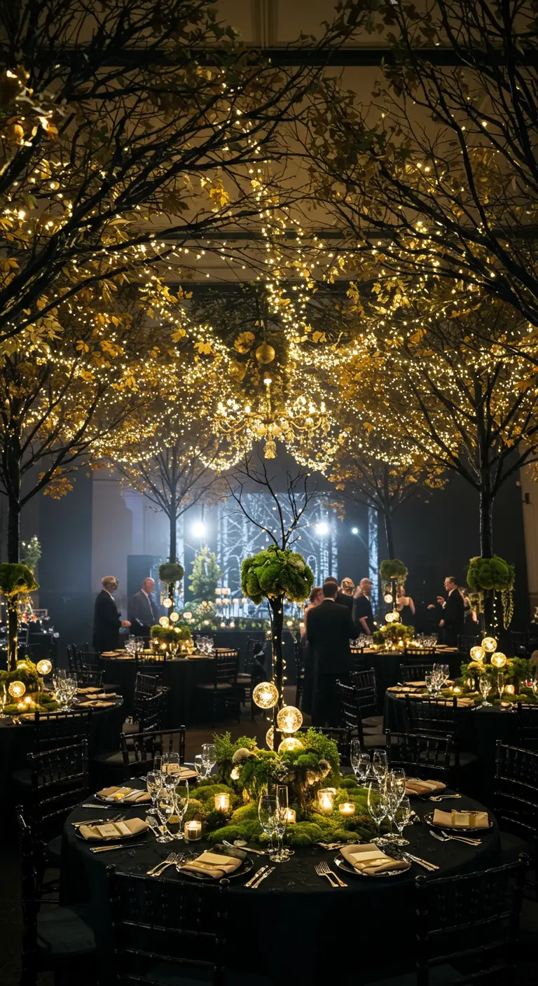 Salle de réception décorée comme une forêt enchantée avec des arbres illuminés de guirlandes.