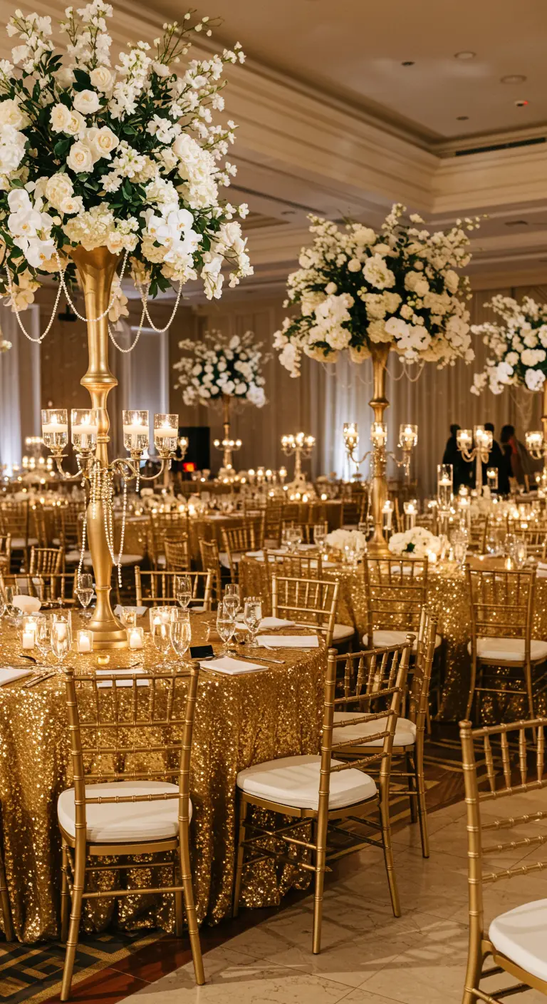 Tables de réception luxueuses avec des nappes à paillettes dorées et de hauts bouquets.