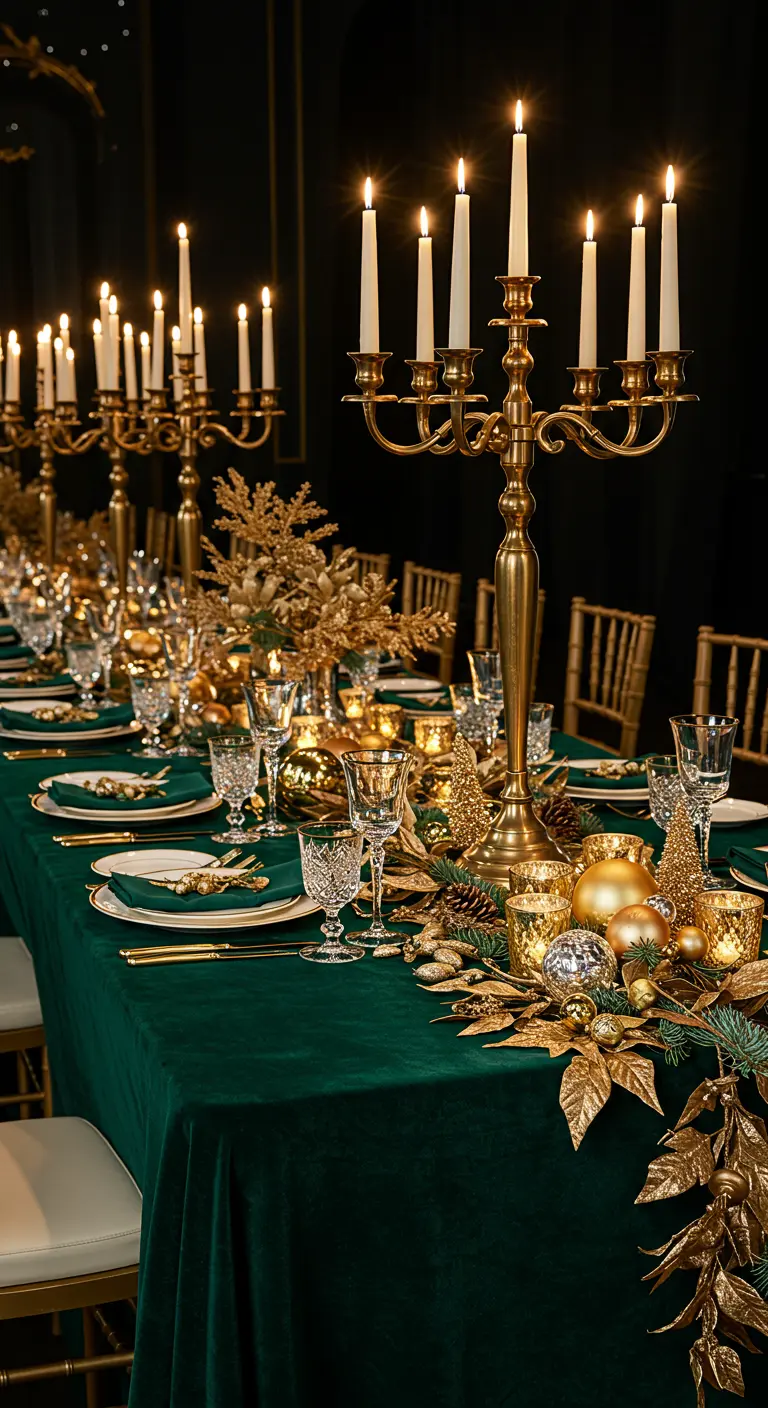 Table de fête luxueuse avec nappe en velours vert et grands candélabres dorés.