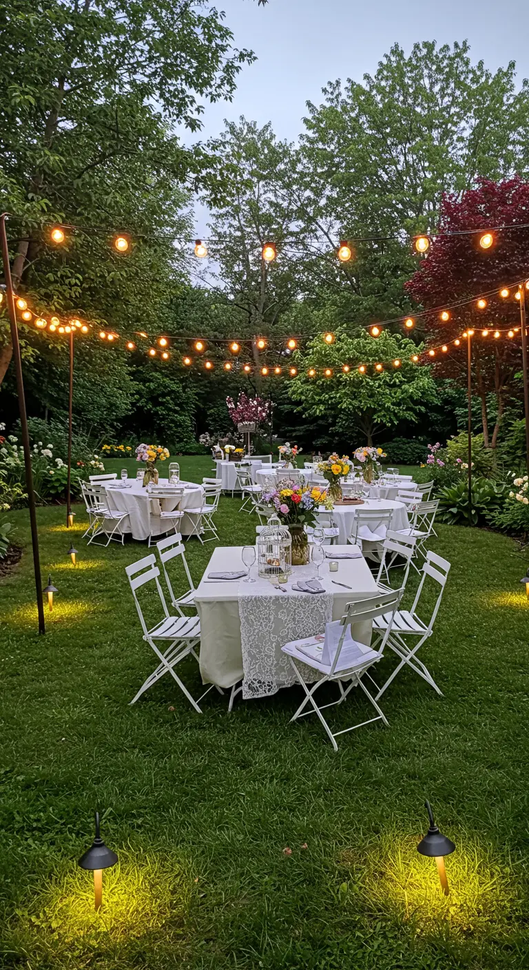 Jardin décoré pour un dîner de gala avec guirlandes lumineuses, tables blanches, centres floraux et chaises.
