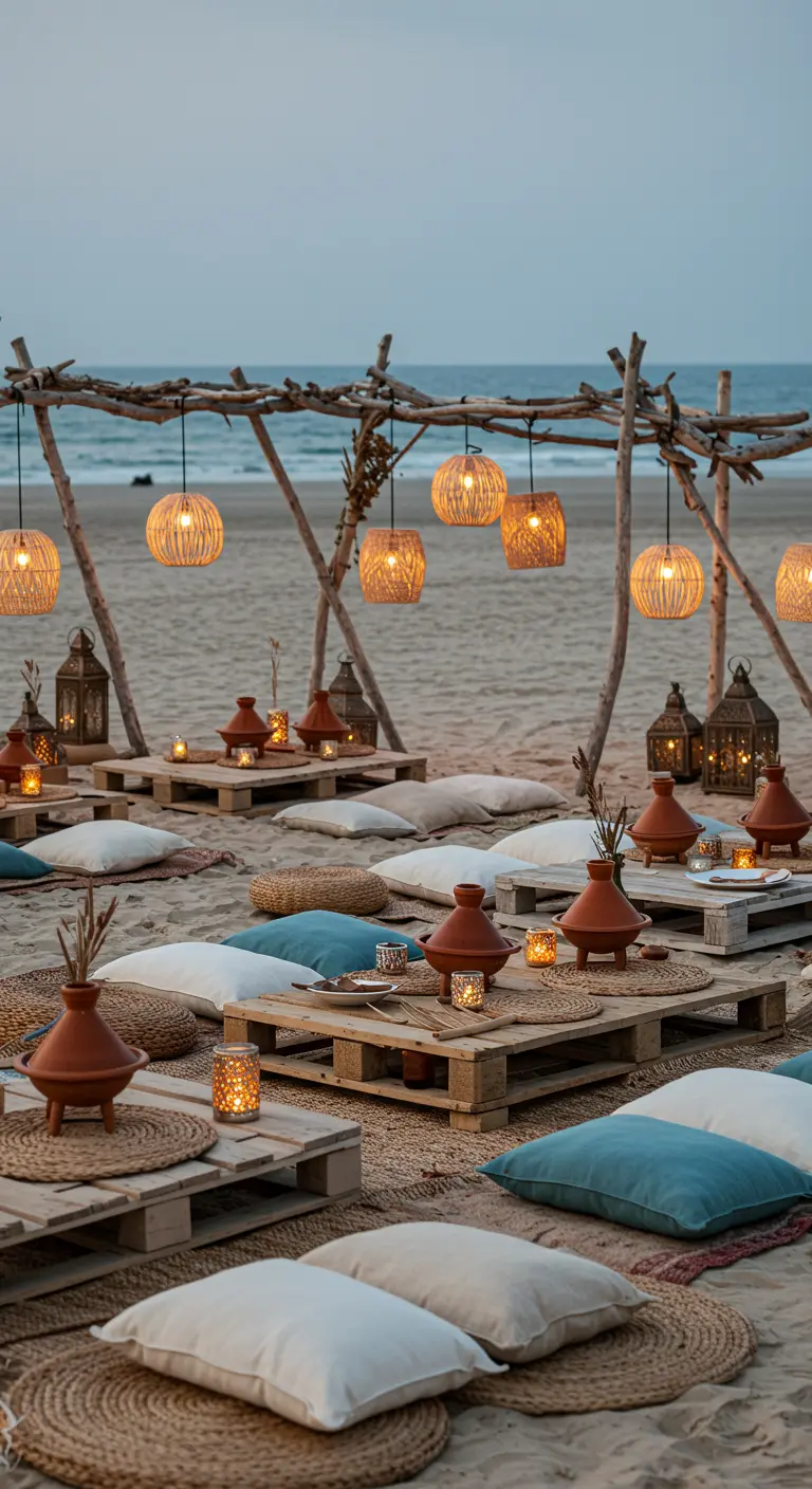 Dîner marocain bohème sur la plage avec lampions en rotin, tables en palette et coussins.