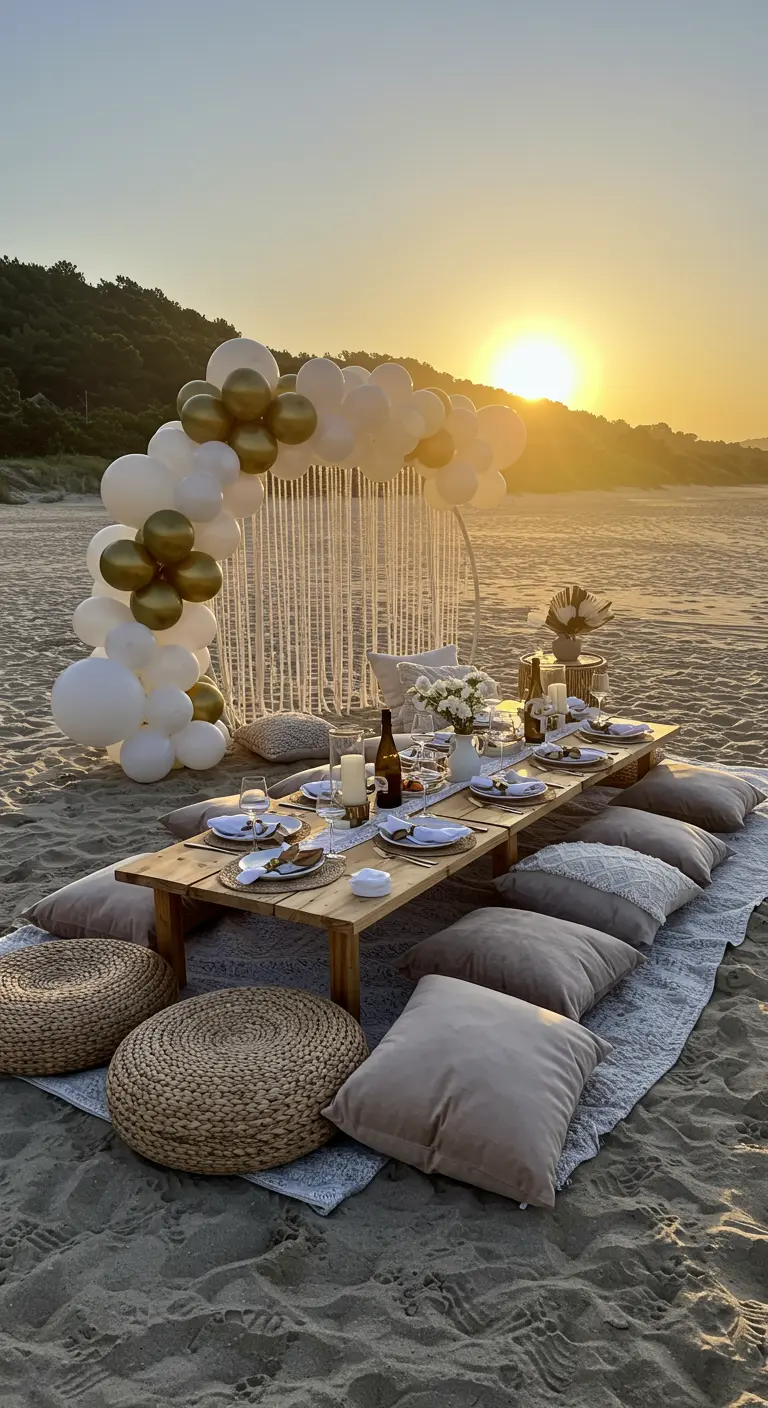 Pique-nique sur la plage au coucher du soleil avec une arche de ballons blancs et or.