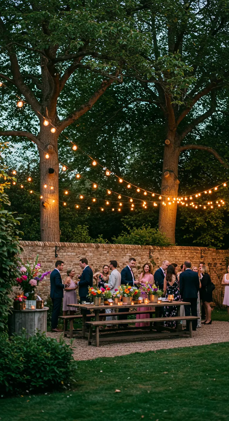 Table de dîner en plein air sous des arbres, éclairée par des guirlandes lumineuses suspendues.