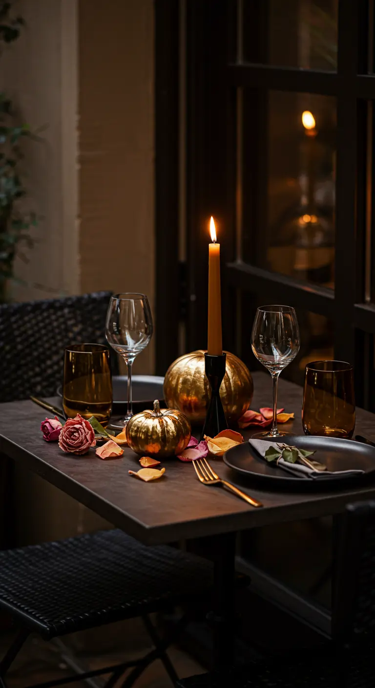 Une petite table en bois sombre, décorée d'une bougie dorée, de citrouilles dorées et de pétales de rose séchés.