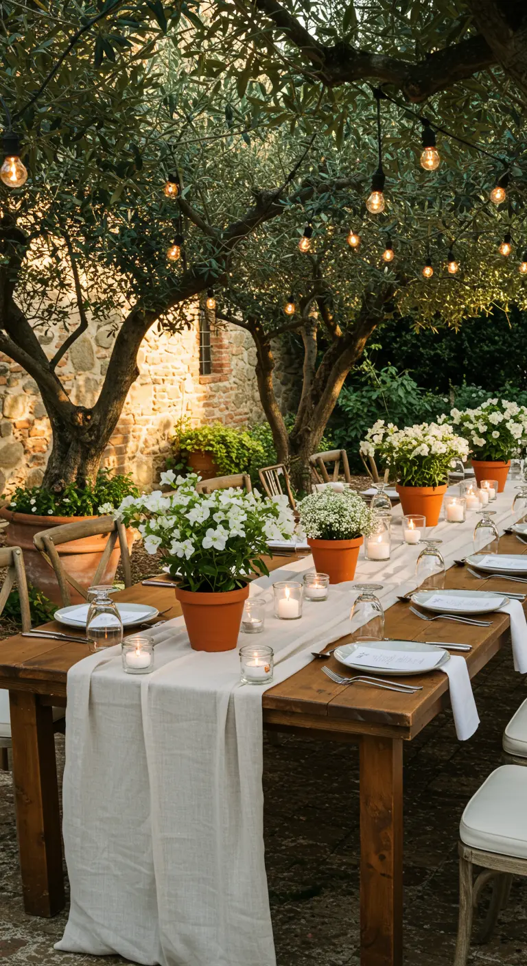 Table en bois sous des oliviers, décorée de pots en terre cuite et de fleurs blanches.