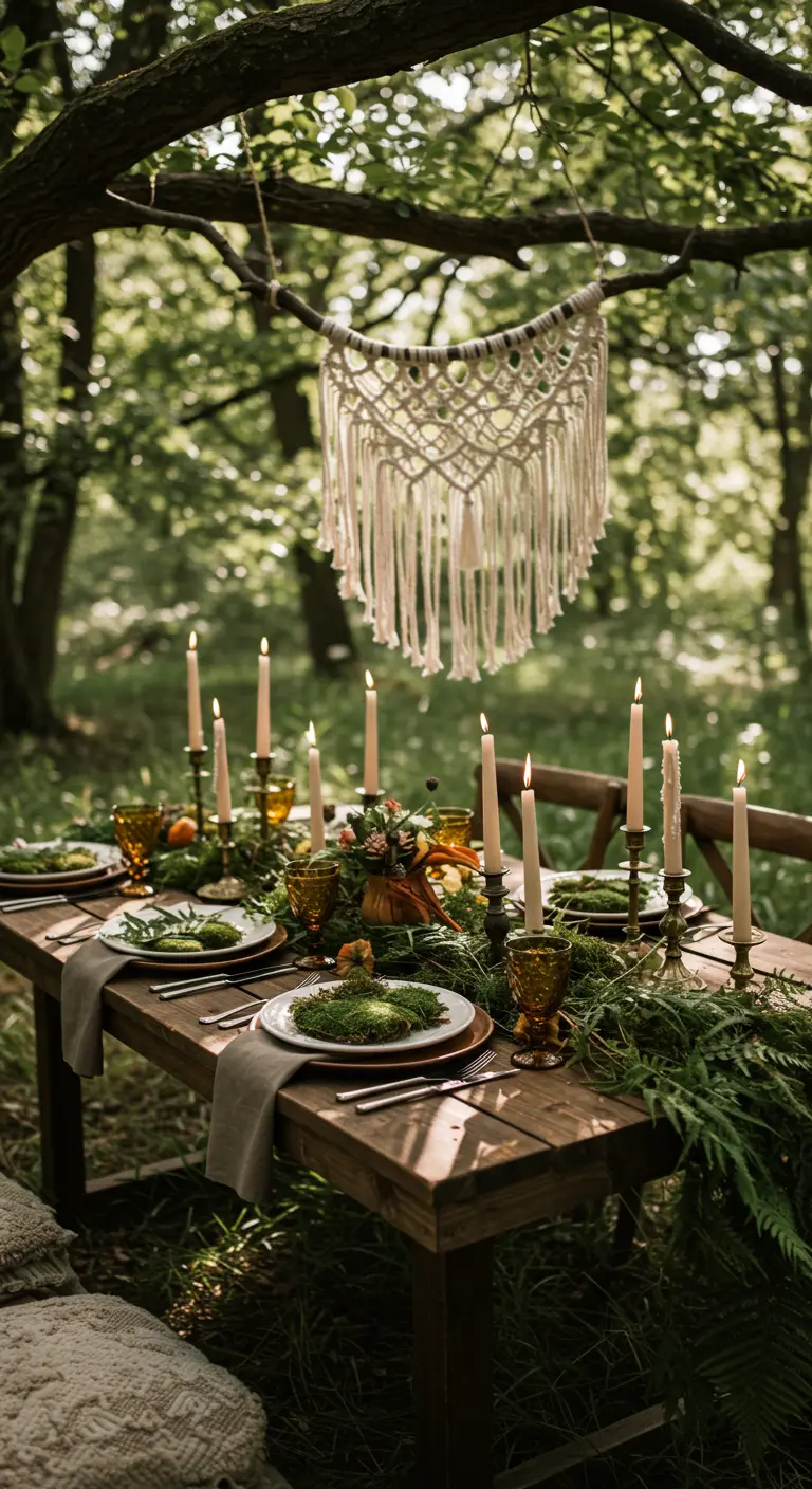 Table rustique en forêt avec chandeliers et une tenture murale en macramé suspendue.