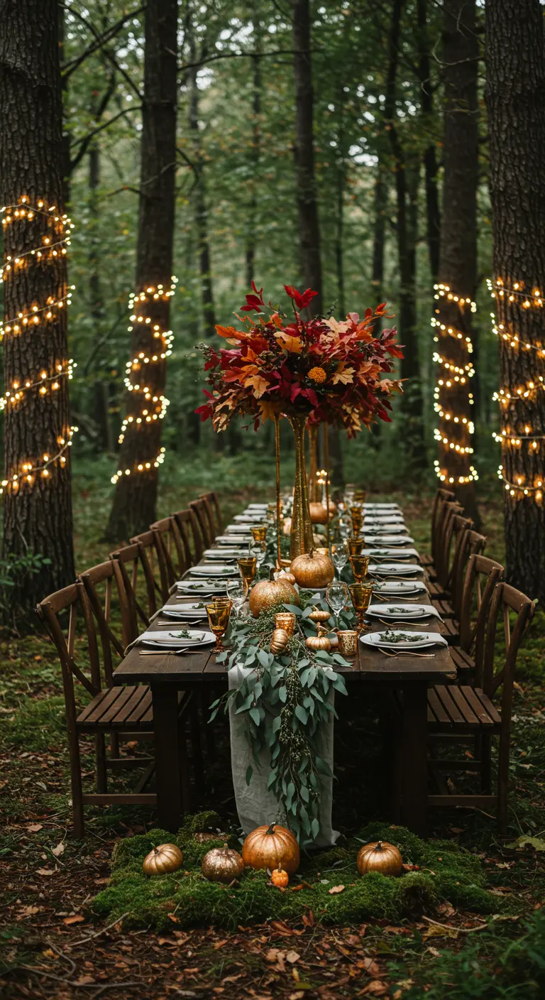 Table de dîner dressée dans une forêt illuminée par des guirlandes.