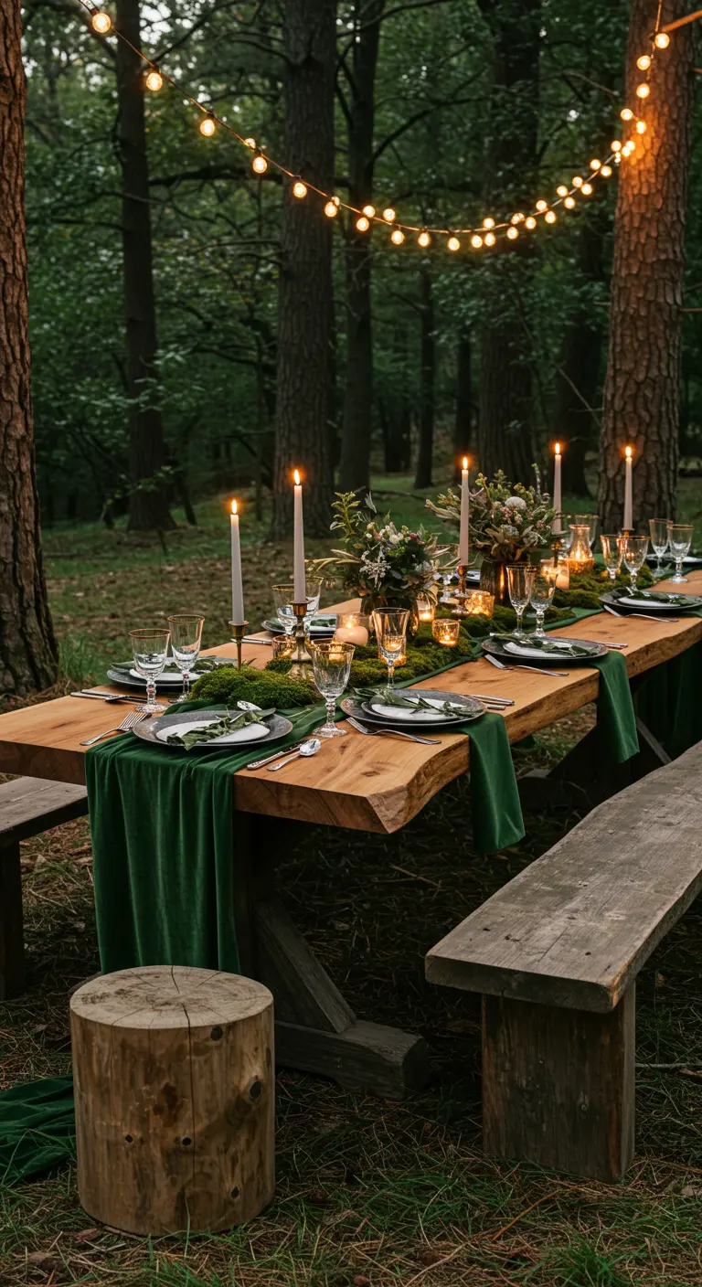 Table en bois dans la forêt avec chemin de table en velours vert et mousse.