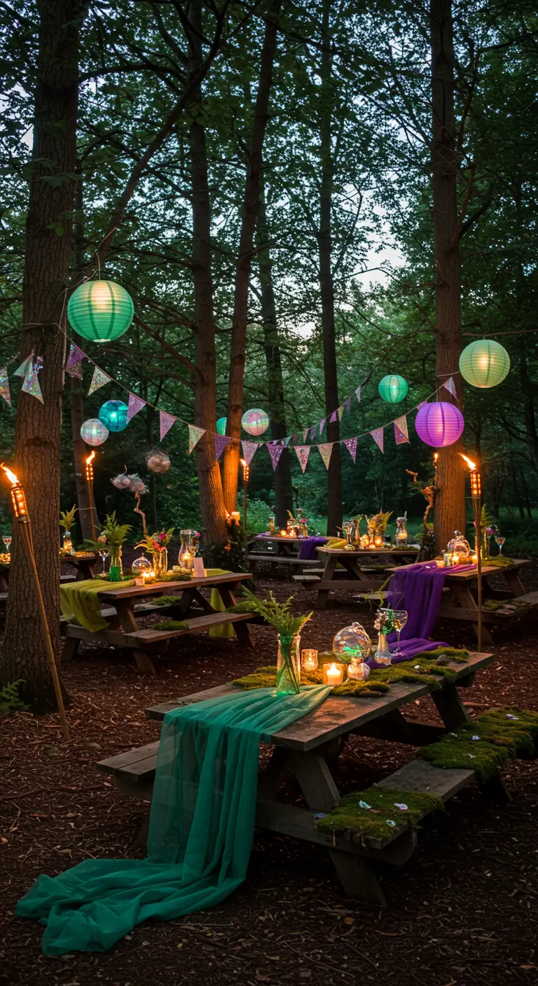 Scène de dîner en forêt avec tables de pique-nique, chemins de table verts/violets, lampions colorés et torches tiki.