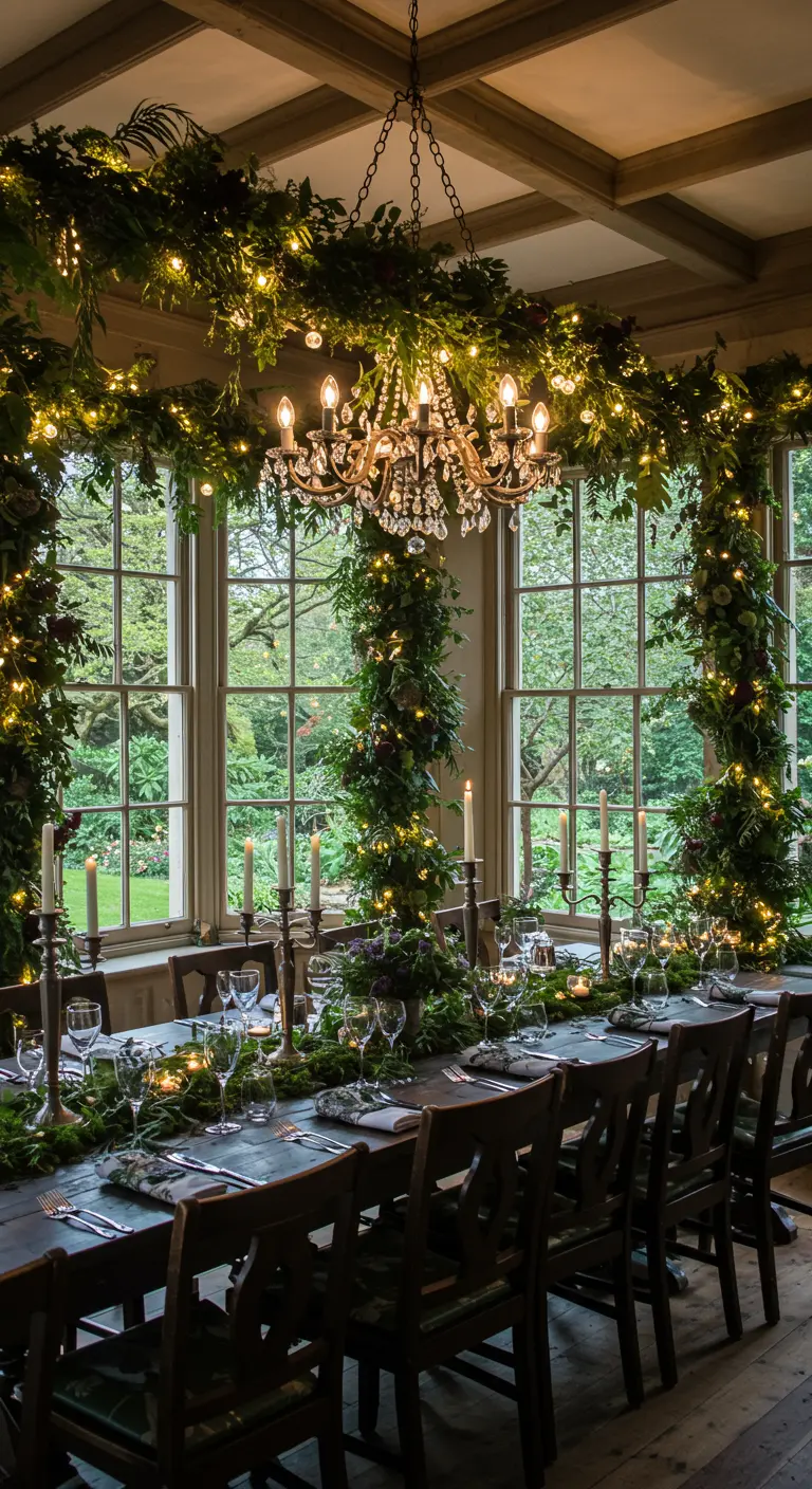 Salle à manger chic avec guirlandes lumineuses végétales et bougies sur la table et aux fenêtres.