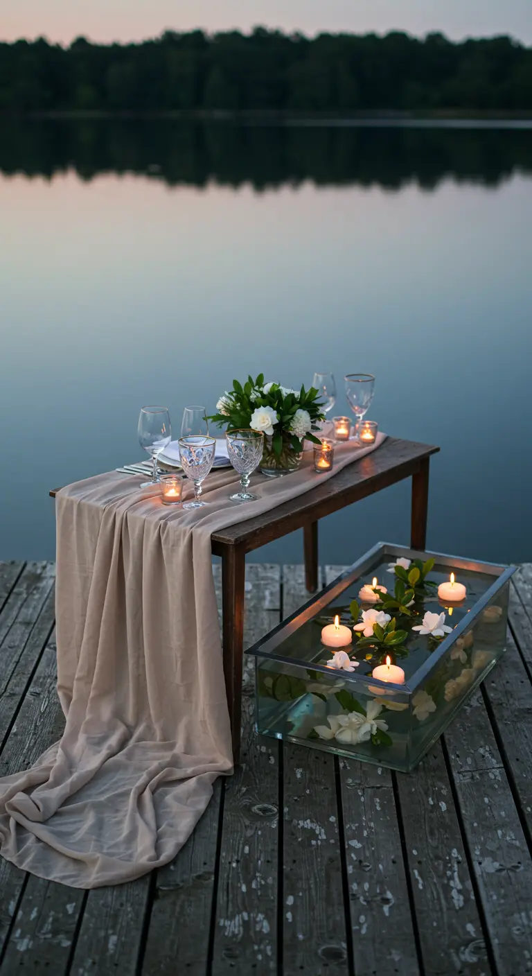 Table pour deux sur un ponton au bord d'un lac, avec des bougies flottantes dans un vase.