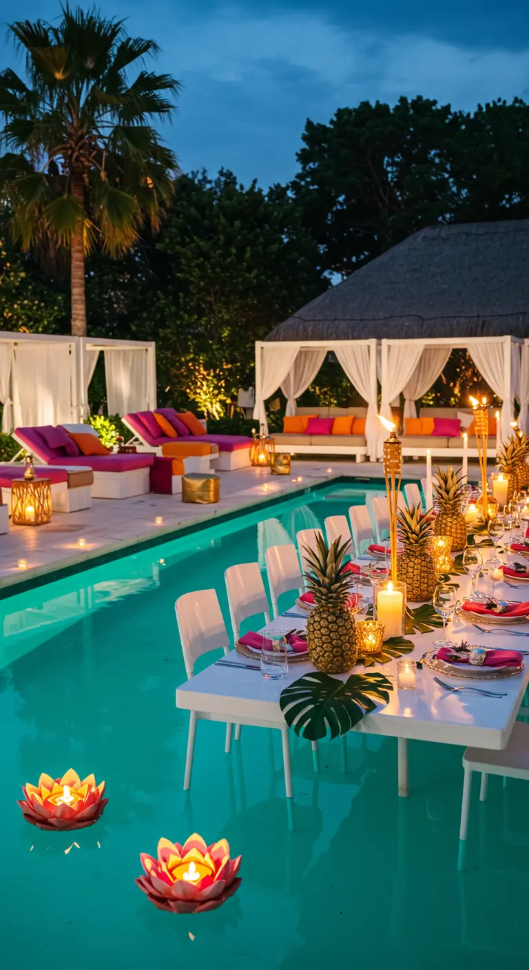 Table de fête au bord d'une piscine avec ananas dorés et bougies.